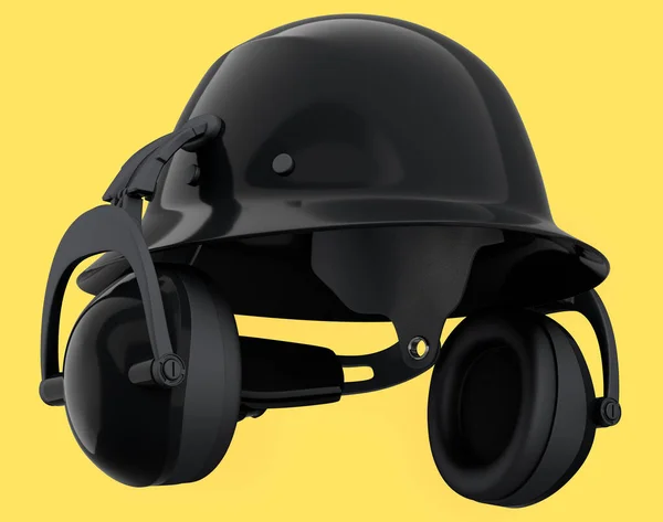 Black safety helmet or hard cap and earphones muffs isolated on yellow background. 3d render and illustration of headgear and handyman tools