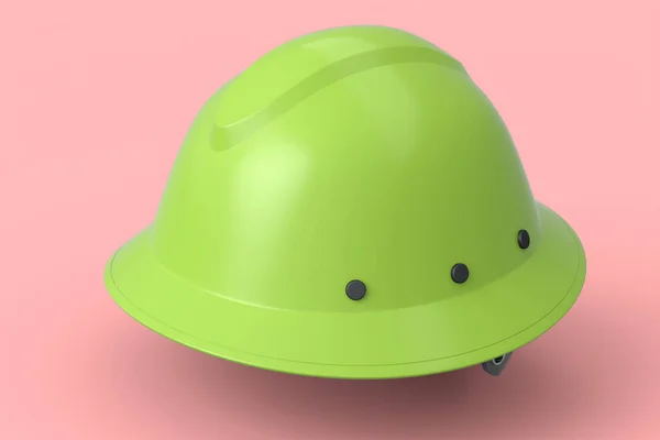 Green safety helmet or hard cap isolated on pink background. 3d render and illustration of headgear and handyman tools