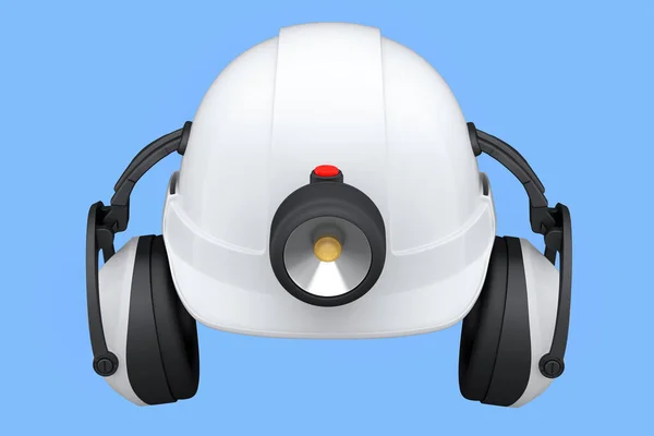 White safety helmet or hard cap with flashlight and headphones on blue background. 3d render and illustration of headgear and handyman tools