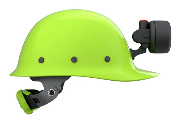 白い背景に隔離された懐中電灯と緑の安全ヘルメットやハードキャップ 3次元レンダリングとヘッドギアとハンディマンツールのイラスト — ストック写真