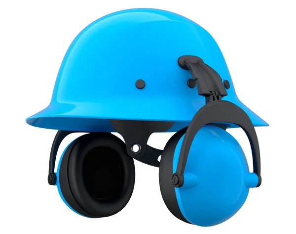 Blauwe Veiligheidshelm Harde Dop Koptelefoon Moffen Geïsoleerd Witte Achtergrond Weergave — Stockfoto