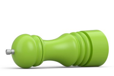 Beyaz arka planda karabiber dolu tuz ya da biber değirmeni. 3D yemek pişirme, restoran ve otel kavramı