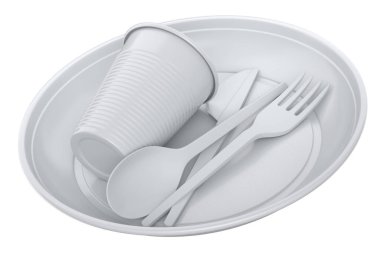 Set of disposable utensils like plate, folk, spoon,knife and cup on white background. 3d render concept of save the earth and zero waste