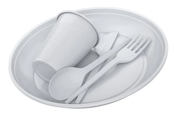 Set Disposable Utensils Plate Folk Spoon Knife Cup White Background — Stock Fotó