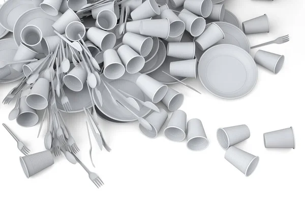 stock image Heap of disposable utensils like plate, folk, spoon,knife and cup on white background. 3d render concept of save the earth and zero waste
