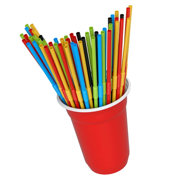 Plastic Disposable Party Cup Coffee Fresh Heap Straw White Background —  Fotos de Stock