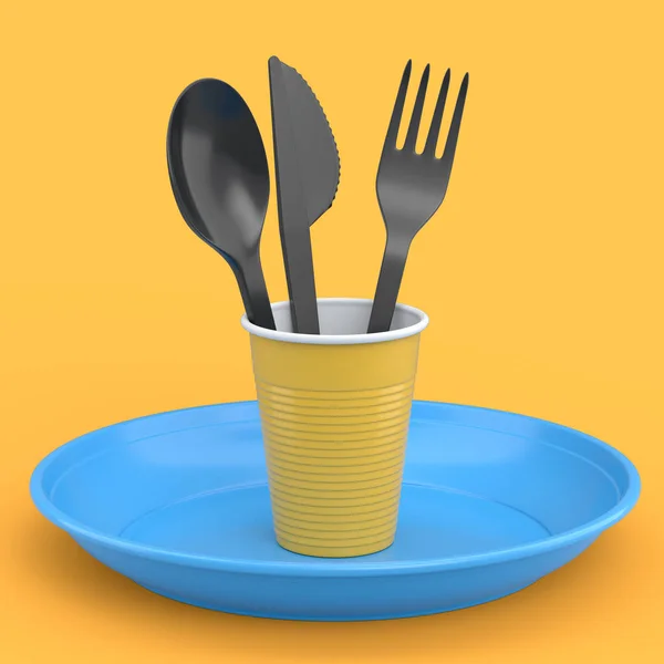 Set Disposable Utensils Plate Folk Spoon Knife Cup Yellow Background — Stok fotoğraf