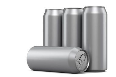 Beyaz arka planda izole edilmiş alüminyum bira ya da soda kutusu grubu. Mini buzdolabı için 3 boyutlu alkollü içecek kutusu.