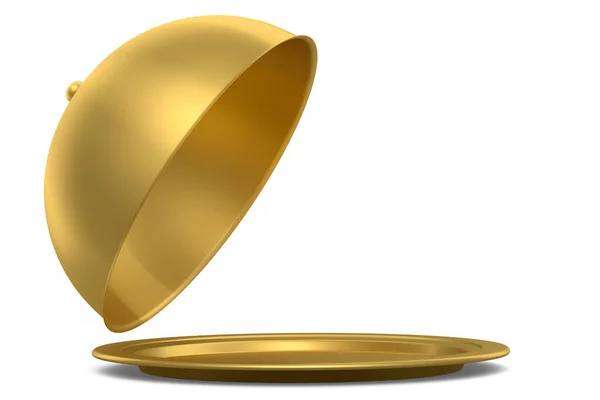 Χρυσός Δίσκος Cloche Έτοιμος Σερβίρει Απομονωμένος Λευκό Φόντο Καθιστούν Υπηρεσία — Φωτογραφία Αρχείου