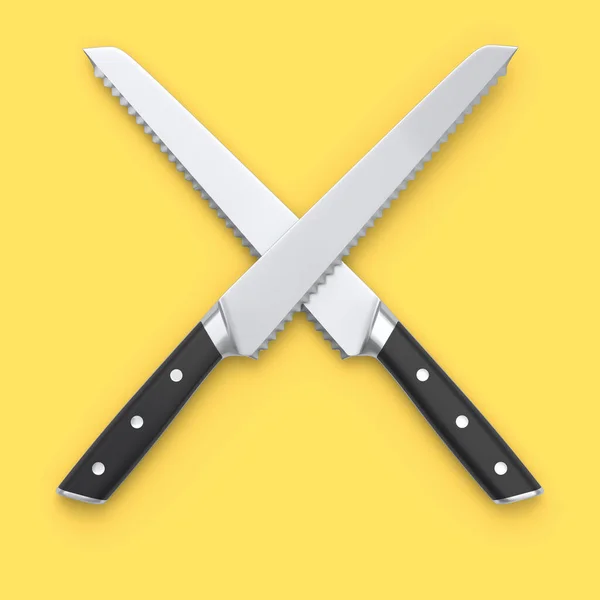 黄色の背景に木製のハンドルでシェフのキッチンナイフのセット 肉屋のナイフやプロの台所用品の3Dレンダリング — ストック写真
