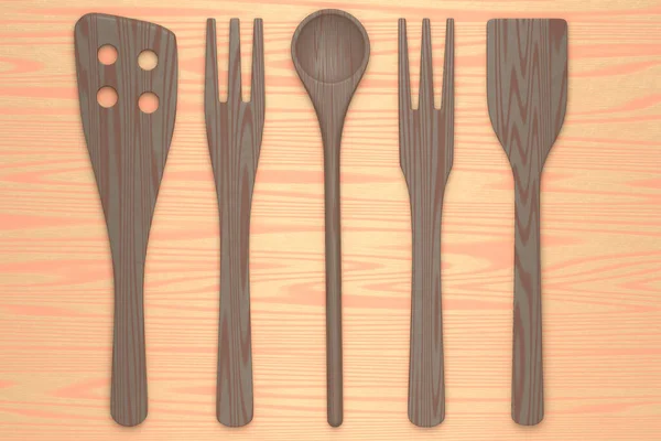 Wooden Kitchen Utensils Tools Equipment Wooden Background Render Home Kitchen — Stock Photo, Image
