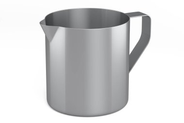 Paslanmaz çelik sütü köpürten sürahi, sapı beyaz arka planda izole edilmiş. Espresso ya da latte yapmak için 3D bardak..
