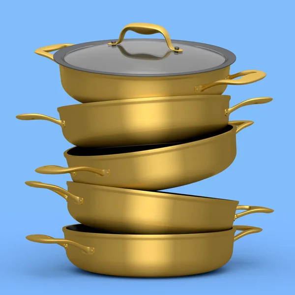 青の背景にステンレススチール鍋とクロムメッキアルミ調理器具のセット 非スティックキッチン用品の3Dレンダリング — ストック写真