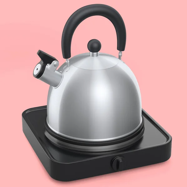 Portable camping electric stove and kettle with whistle on pink background.. 3d render travel furnace for preparing food and boiling water in saucepan and kettle with steam on kitchen