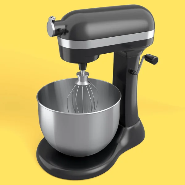 现代厨房搅拌器 可在黄色背景上烘烤 3D渲染家庭厨房工具和烹饪 混合和搅拌配件 — 图库照片