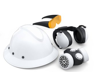Kask gibi tamir ve montaj için bir set inşaat giysisi. Kulaklıklar ve solunum cihazı beyaz arka planda. Tesisatçı ya da tamirci için 3D tasvir ve hizmet afişi