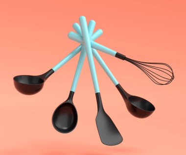 Ahşap mutfak aletleri, mercan arka planda aletler ve ekipmanlar. Ev yapımı mutfak aletleri ve yemek pişirmek için aksesuarlar