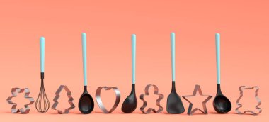 Mercan zemin üzerinde metal kurabiye keskisi ve ahşap mutfak aletleri. Ev yapımı mutfak aletleri ve yemek pişirmek için aksesuarlar