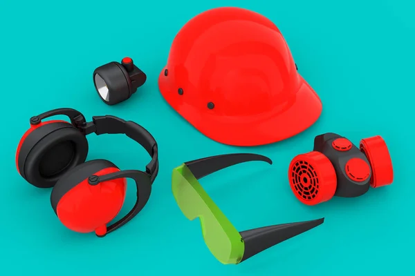 一套用于修理和安装的结构磨损和工具 如头盔 带绿色背景的耳机和呼吸器 房屋管道工或修理工服务横幅3D渲染及图解 — 图库照片