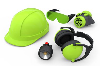 Kask gibi tamir ve montaj için bir set inşaat giysisi. Kulaklıklar ve solunum cihazı beyaz arka planda. Tesisatçı ya da tamirci için 3D tasvir ve hizmet afişi