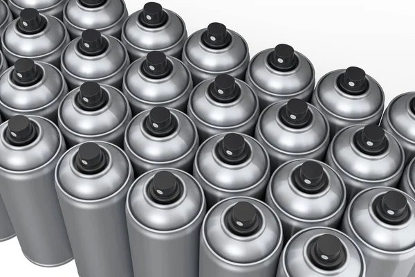 Set Silver Spray Paint Cans Row White Background Render Spray — стоковое фото