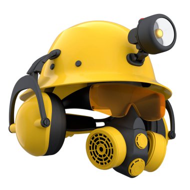 Kask gibi tamir ve montaj için bir set inşaat giysisi. Kulaklıklar ve solunum cihazı beyaz arka planda. Tesisatçı ya da tamirci için 3D tasvir ve hizmet afişi