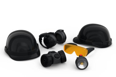Kask gibi tamir ve montaj için bir set inşaat giysisi. Kulaklıklar ve solunum cihazı beyaz arka planda. Tesisatçı ya da tamirci için 3D tasvir ve hizmet afişi