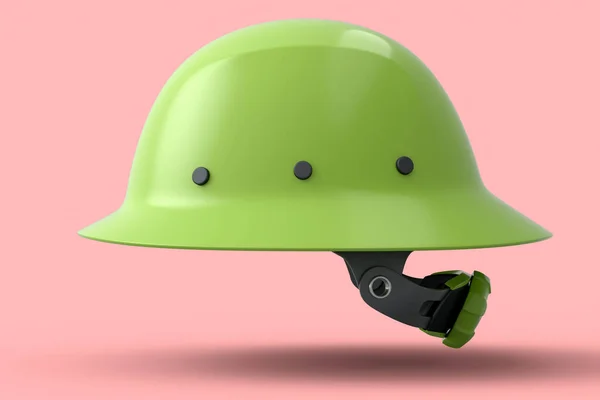 Green safety helmet or hard cap isolated on pink background. 3d render and illustration of headgear and handyman tools