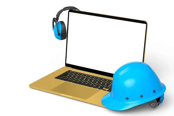 Biztonsági Sisakok Vagy Kemény Sapkák Fejhallgatók Laptop Készlet Asztalosmunkákhoz Fehér — Stock Fotó