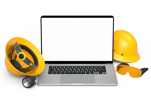 白い背景に大工の仕事のための安全ヘルメットやハードキャップ ゴーグルやラップトップのセット 3Dレンダリングと大工仕事や労働者のヘッドウェアのためのツールのイラスト — ストック写真
