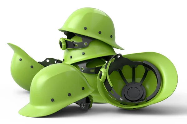 白い背景に安全ヘルメットやハードキャップのヒープ 3Dレンダリングと大工仕事や労働者のヘッドウェアのためのツールのイラスト — ストック写真