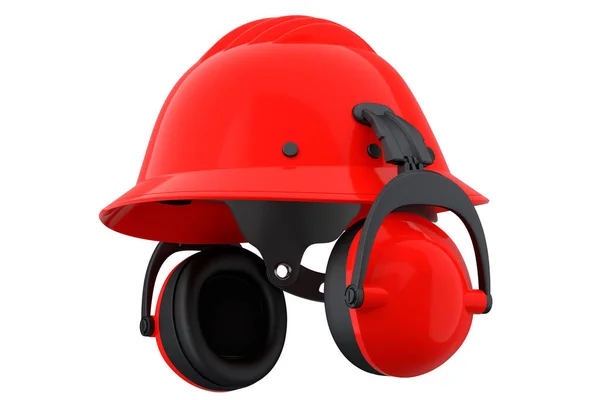 白い背景に隔離された赤い安全ヘルメットやハードキャップやイヤフォンのマフ 3次元レンダリングとヘッドギアとハンディマンツールのイラスト — ストック写真