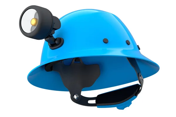 黄色安全帽或带手电筒的硬帽子 白色背景隔离 头盔和手工工具的3D渲染和说明 — 图库照片