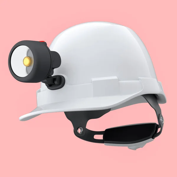 White safety helmet or hard cap with flashlight isolated on pink background. 3d render and illustration of headgear and handyman tools