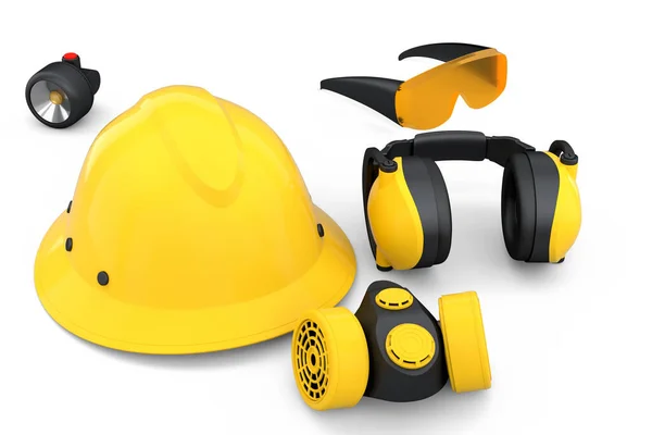一套用于修理和安装的结构磨损和工具 如头盔 白色背景的耳机和呼吸器 房屋管道工或修理工服务横幅3D渲染及图解 — 图库照片