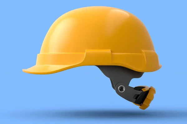 Yellow safety helmet or hard cap isolated on blue background. 3d render and illustration of headgear and handyman tools