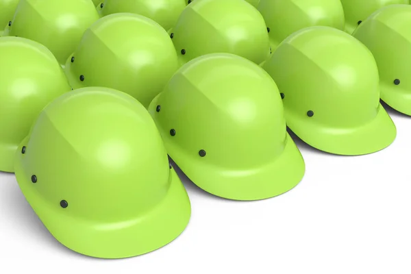 Set of safety helmets or hard caps for carpentry work in row on white background. 3d render and illustration of tool for carpentry work or labor headwear