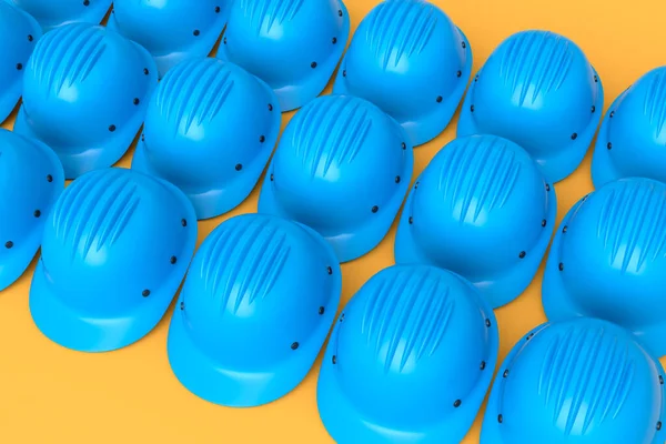 Set of safety helmets or hard caps for carpentry work in row on yellow background. 3d render and illustration of tool for carpentry work or labor headwear