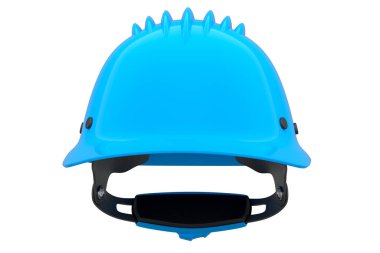 Mavi güvenlik kaskı ya da beyaz arka planda izole edilmiş sert başlık. 3D görüntüleme ve başlık ve tamirci araçları illüstrasyonu