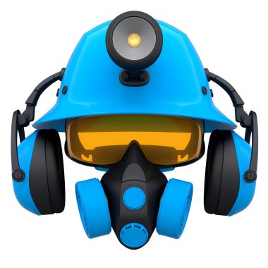 Kask gibi tamir ve montaj için bir set inşaat giysisi. Kulaklıklar ve solunum cihazı beyaz arka planda. Tesisatçı ya da tamirci için 3D tasvir ve hizmet afişi