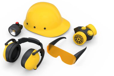 Kask gibi tamir ve montaj için bir set inşaat giysisi. Kulaklıklar ve solunum cihazı beyaz arka planda. Tesisatçı ya da tamirci için 3D tasvir ve hizmet afişi