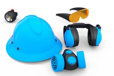 Kask gibi tamir ve montaj için bir set inşaat giysisi. Kulaklıklar ve solunum cihazı beyaz arka planda. Tesisatçı ya da tamirci için 3D tasvir ve hizmet afişi