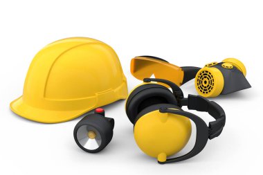 Kask gibi tamir ve montaj için bir set inşaat giysisi. Kulaklıklar ve solunum cihazı beyaz arka planda. Tesisatçı ya da tamirci için 3D tasvir ve hizmet afişi