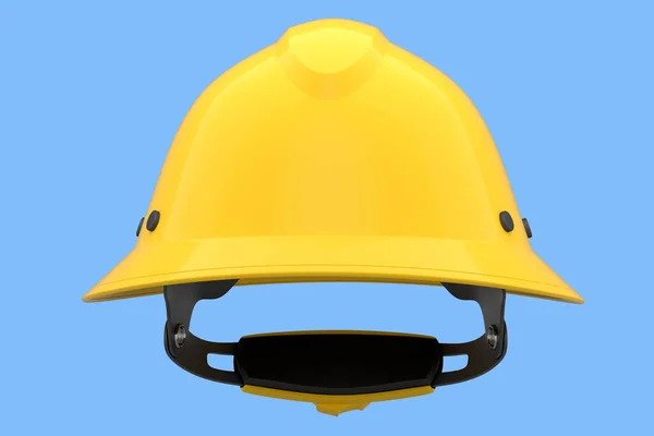 Yellow safety helmet or hard cap isolated on blue background. 3d render and illustration of headgear and handyman tools