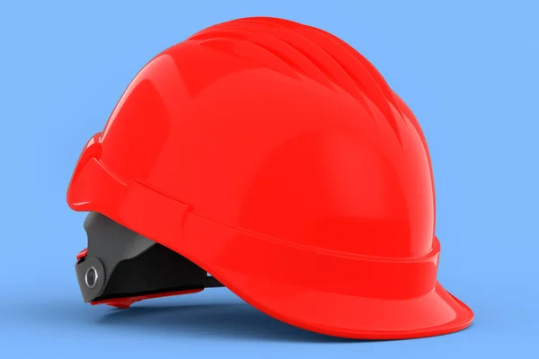 Red safety helmet or hard cap isolated on blue background. 3d render and illustration of headgear and handyman tools