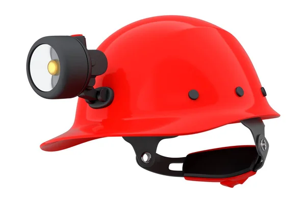 白い背景に隔離された懐中電灯付きの赤い安全ヘルメットやハードキャップ 3次元レンダリングとヘッドギアとハンディマンツールのイラスト — ストック写真