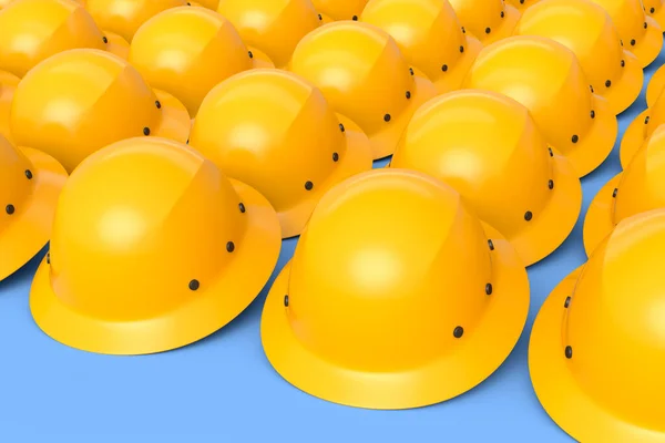 Set Safety Helmets Hard Caps Carpentry Work Row Blue Background — Stock Photo, Image