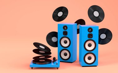 Hoparlörlü Hi-Fi hoparlörleri ve mercan arka planda DJ pikabıyla. Ses kayıt stüdyosu için müzik kutusu ve vinil plak çalar gibi 3D ses ekipmanları oluştur