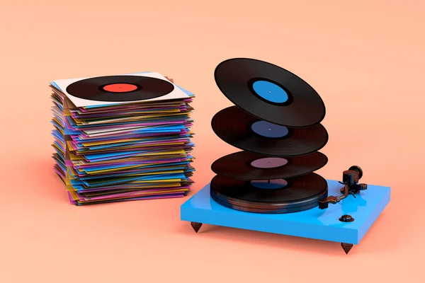 Set Speakers Loudspeakers Turntable Vinyl Record Heap Coral Background Render — Stock Photo, Image