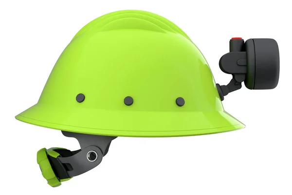 绿色安全帽或带手电筒的硬帽子 白色背景隔离 头盔和手工工具的3D渲染和说明 — 图库照片